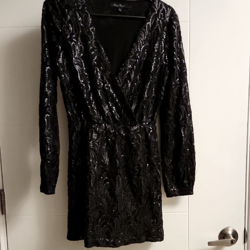 Honey Punch Black Sequin Wrap Dress with Bishop Sleeves